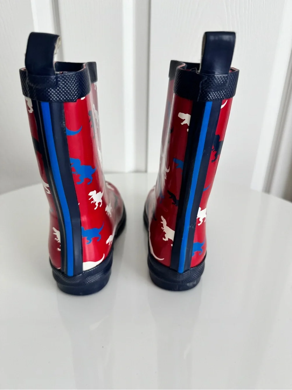 Hatley Red Rain Boots with Blue, White & Black T-Rex Dinosaur Print, size 11